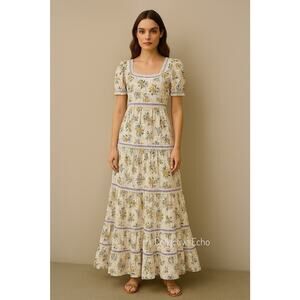 Vintage 70s Handmade Maxi Dress Tiered Floral Lace Trim Prairie Gunne Style Knit